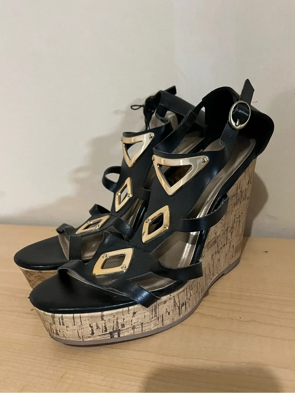 Montego Bay Club Black Wedge Sandals with Cork Platform and Gold Accents
